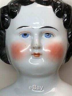 27 Antique Porcelaine Allemande Fait De La Chine Head Doll Black Hair & Bisque Mains #l