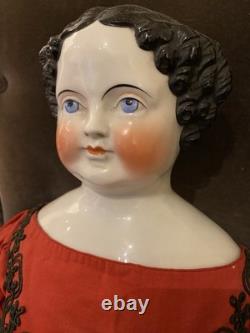 32 Poupée de tête en porcelaine antique de la guerre civile des années 1860 avec des yeux de stargazer, corps d'origine