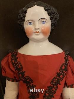 32 Poupée de tête en porcelaine antique de la guerre civile des années 1860 avec des yeux de stargazer, corps d'origine