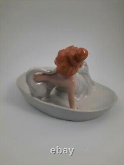 Anticique Allemand Bathing Beauty Figurine Naughty Risque Lady With Cat Flipper Dish