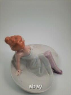 Anticique Allemand Bathing Beauty Figurine Naughty Risque Lady With Cat Flipper Dish