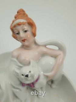 Anticique Allemand Bathing Beauty Figurine Naughty Risque Lady With Cat Flipper Dish