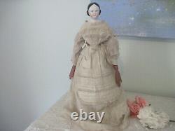 Antique Allemand Kister Couvert Wagon Tête Épaule Chine Doll C1850