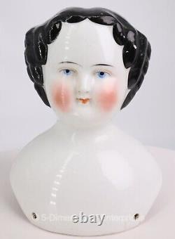 Antique CIVIL War 1860s 5 1/4 Allemand Porcelaine Poupée Tête Plat Top Cheveux Noirs