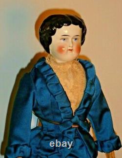 Antique Early China Head Flat Top Doll Beautiful Blue Fitted Gown