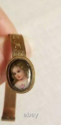 Antique Français Peint À La Main Portrait En Porcelaine Miniature 12k Bracelet Poupée D’or