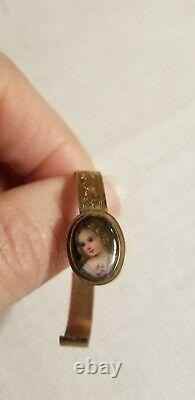 Antique Français Peint À La Main Portrait En Porcelaine Miniature 12k Bracelet Poupée D’or