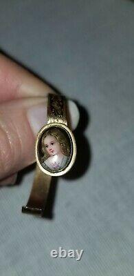 Antique Français Peint À La Main Portrait En Porcelaine Miniature 12k Bracelet Poupée D’or