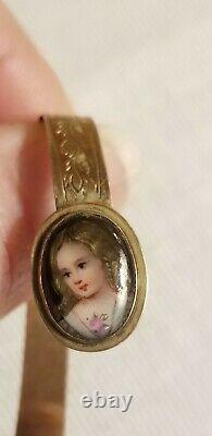 Antique Français Peint À La Main Portrait En Porcelaine Miniature 12k Bracelet Poupée D’or