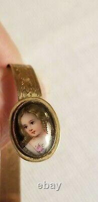 Antique Français Peint À La Main Portrait En Porcelaine Miniature 12k Bracelet Poupée D’or