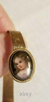 Antique Français Peint À La Main Portrait En Porcelaine Miniature 12k Bracelet Poupée D’or