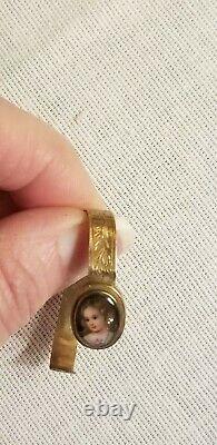 Antique Français Peint À La Main Portrait En Porcelaine Miniature 12k Bracelet Poupée D’or