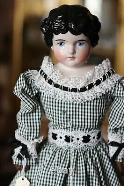 Antique Porcelaine Kling China Head Doll, 21 Black Hair Cloth Body #189