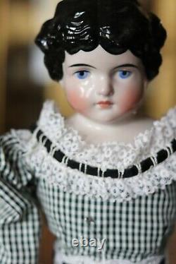 Antique Porcelaine Kling China Head Doll, 21 Black Hair Cloth Body #189