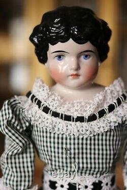 Antique Porcelaine Kling China Head Doll, 21 Black Hair Cloth Body #189
