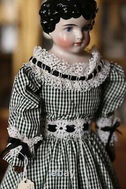 Antique Porcelaine Kling China Head Doll, 21 Black Hair Cloth Body #189