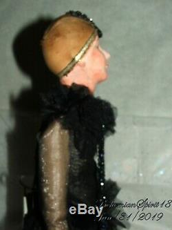 Antique Rare 1920 De Flapper Black Lace Dress Bisque Porcelaine Toile Doll