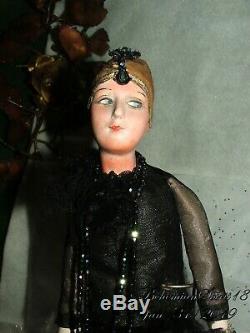 Antique Rare 1920 De Flapper Black Lace Dress Bisque Porcelaine Toile Doll
