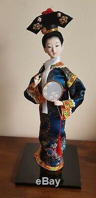 Belle Poupee Porcelaine Japonaise Vintage Verre Yeux Soie Bleu Kimono Geisha