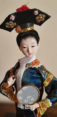 Belle Poupee Porcelaine Japonaise Vintage Verre Yeux Soie Bleu Kimono Geisha