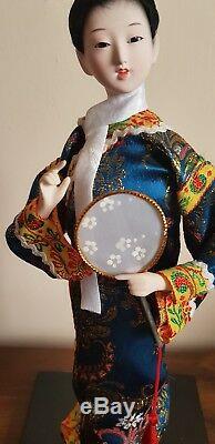 Belle Poupee Porcelaine Japonaise Vintage Verre Yeux Soie Bleu Kimono Geisha