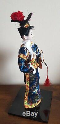 Belle Poupee Porcelaine Japonaise Vintage Verre Yeux Soie Bleu Kimono Geisha