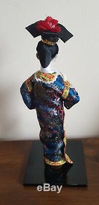 Belle Poupee Porcelaine Japonaise Vintage Verre Yeux Soie Bleu Kimono Geisha