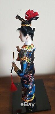 Belle Poupee Porcelaine Japonaise Vintage Verre Yeux Soie Bleu Kimono Geisha