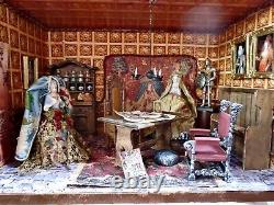 Boîte De Chambre Médiévale Diorama Entièrement Meublé Tudor Decor - 2 Poupées Demi-porcelaine