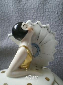 Boite En Porcelaine Art Deco 1930 Sculpture Femme Éventail Boite Vintage Poupee