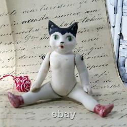 Cat Doll Antique Allemand Hertwig Porcelaine-thüringen Black Ears Yeux Verts 3,75