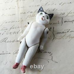 Cat Doll Antique Allemand Hertwig Porcelaine-thüringen Black Ears Yeux Verts 3,75