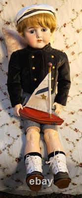 Charmant ! Poupée garçon allemande ancienne de 33 cm - Bergman BJB, tenue mignonne, yeux dormeurs