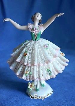 Danseur De Ballerine En Dentelle Rose Dresden Vintage Allemagne Half Doll