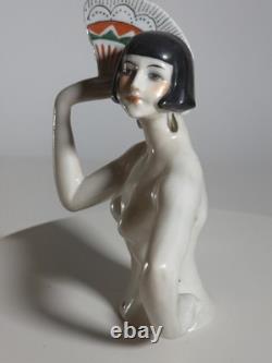 Demi-poupée en porcelaine allemande Art déco, danseuse à l’éventail, dame nue