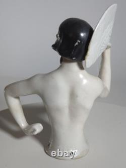 Demi-poupée en porcelaine allemande Art déco, danseuse à l’éventail, dame nue
