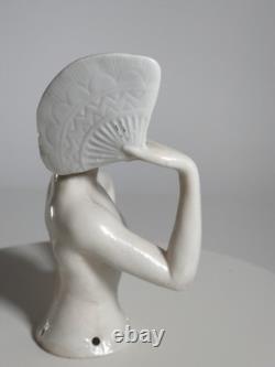 Demi-poupée en porcelaine allemande Art déco, danseuse à l’éventail, dame nue
