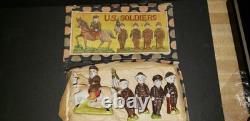 ENSEMBLE TRÈS RARE ORIG Vtg Figurines Frozen Charlotte Bisque U. S. Soldats de la Première Guerre Mondiale Avec Boîte