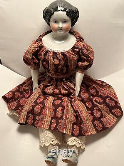 Early Antique 28 Large Black Hair Chine Poupée Allemande 1860's Chine Beautiful