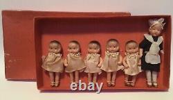 Ensemble antique de 5 poupées DIONNE QUINTUPLETS en robe avec infirmière dans la boîte d'origine