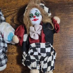 Ensemble de 4 poupées clown vintage en porcelaine et tissu, 5 couleurs de cheveux, peintes à la main