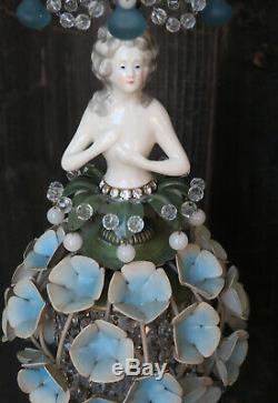 Lady Doll Français Hydrangea Ombre Robe Lampe Swag Vintage Cristal Laiton Porcelaine