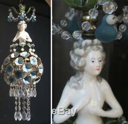 Lady Doll Français Hydrangea Ombre Robe Lampe Swag Vintage Cristal Laiton Porcelaine