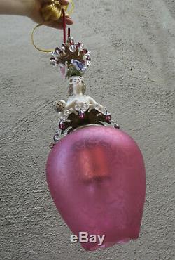 Lady Doll French Robe Abat-jour Rose Lampe Swag Vintage Porcelaine Laiton Déco Cristal