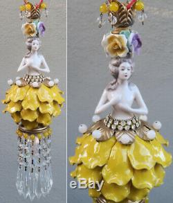 Lady Doll Porcelaine Jaune Vintage Fleur Fée Lampe Swag Laiton Porcelaine Crysta