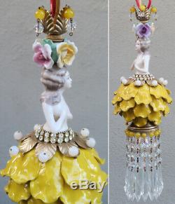 Lady Doll Porcelaine Jaune Vintage Fleur Fée Lampe Swag Laiton Porcelaine Crysta