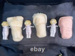 Lot de poupées japonaises anciennes en biscuit, coffret de poupées bébé, malle en osier de présentation