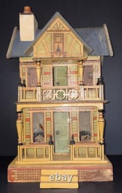 Maison de poupée lithographiée allemande antique des années 1890 avec meubles et poupées en porcelaine victoriennes