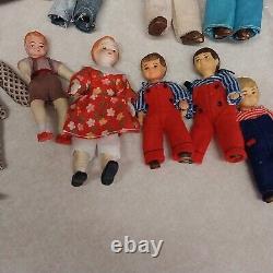 Maison de poupées vintage en porcelaine Caco allemande avec poupées à articulations mobiles enroulées de fil