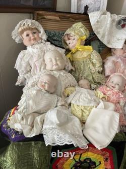 Neuf poupées antiques/vintage uniques à trois visages : heureuse, en pleurs, endormie, plus beaucoup de tissus